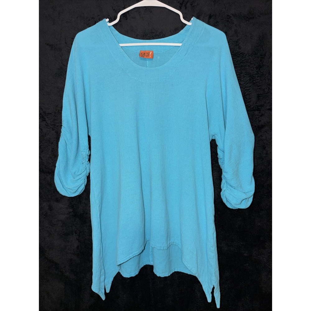Oh My Gauze Turquoise Lagenlook Asymmetrical Hem Boho Blouse SZ 1 -S/M 6-10